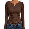 Damen Langarm Schlank Passend Uni Gerippt Gestrickt Geknöpft Basis Schicht T-Shirt
