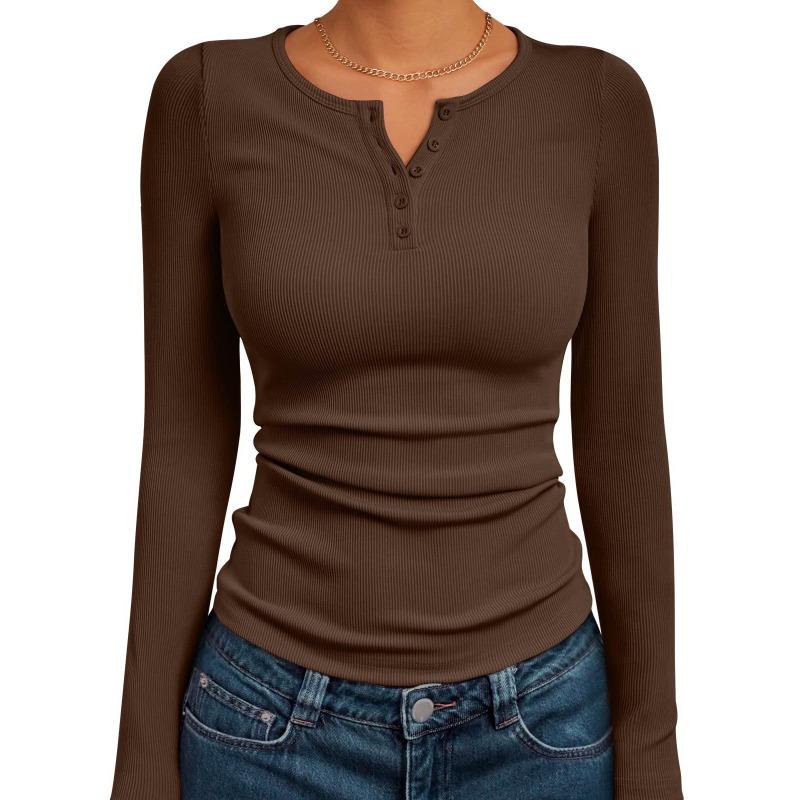 Damen Langarm Schlank Passend Uni Gerippt Gestrickt Geknöpft Basis Schicht T-Shirt