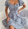 Sommerliches Blumenkleid für Damen Quadratischer Ausschnitt Kurze Ärmel Schnürung Temperament Frühling S-XL
