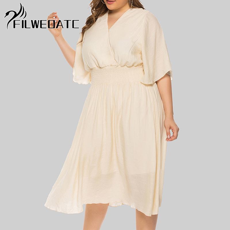 

Filweoatc Женское сплошное цветное платье с v-образным вырезом больших размеров, элегантное платье с развевающимися рукавами на талии 4XL