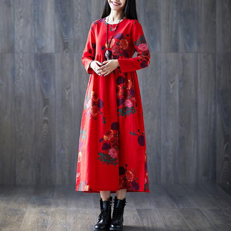 Ladies Spring and Autumn Long-sleeved Dress Retro Loose Large Size Ethnic Style Long Print New A-line Skirt