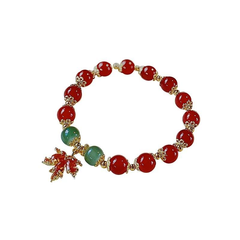 A Sparkle Cat-eye Sapphire Zircon Red Maple Leaf Minimalist Luxury Style Bracelet, A Rare Handcrafted Pendant Necklace