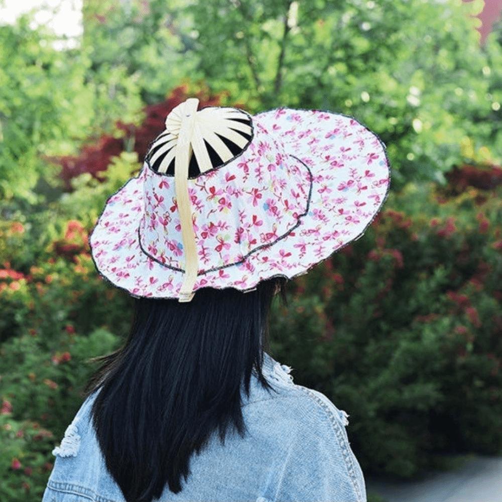Floral Printed Fan Sun Hats Foldable Bamboo Sunscreen Cap Women Sunhat Folding Fan Hat  for Travel