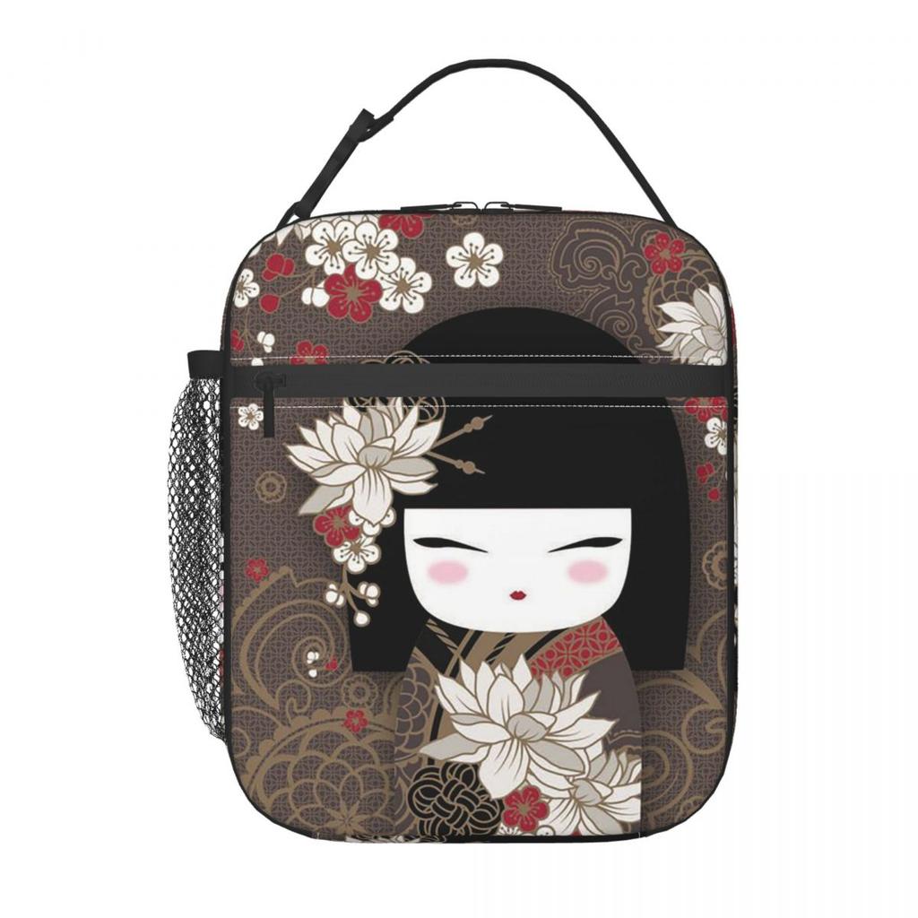 Borsa Pranzo Termica Kokeshi Fiore di Ciliegio Rosso per Donne Bambini Scatole Alimentari Ermetiche Borsa Termica Tote