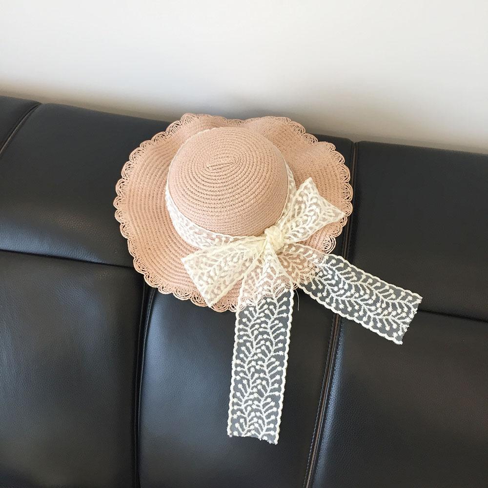 Spring Summer Parent Child Straw Sun Hat Wide Brim Wavy Edge Bowknot Breathable UV Protection Outdoor Beach Cap children 50-52cm розовый