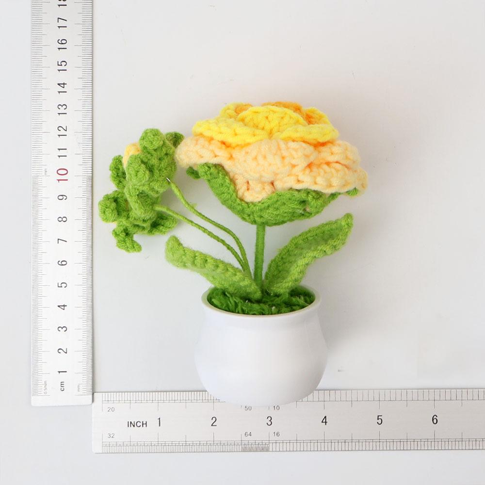 Rose Crochet Flower Pot with Bud  Romantic Handwoven Rose Flowers Knitting Flower Table Car Decor