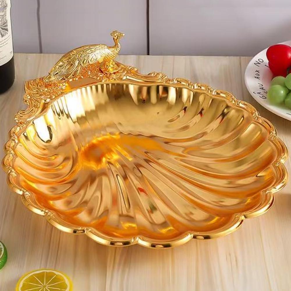 Multiple Sizes Peacock Shape Fruit Tray,Retro Alloy Engraving Shell Texture Home Cheese Food Plate,Snack Disc Table Decoration