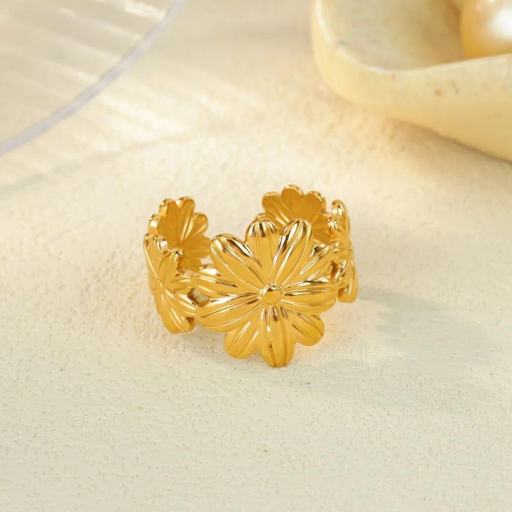 Daisy Flowers Stainless Steel Rings 18K Gold-plated Anti Fading Open Ring for Women Vacation Wedding Jewelry Accessories Gifts