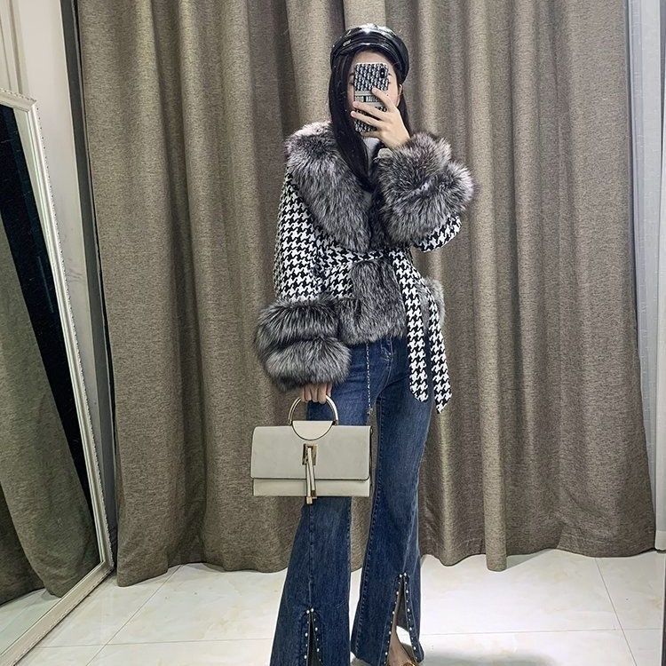 Fur Jacket Women's Short New Light Thousand Bird Grid Imitation Fox Hair High-end Top Cotton-padded Coat
