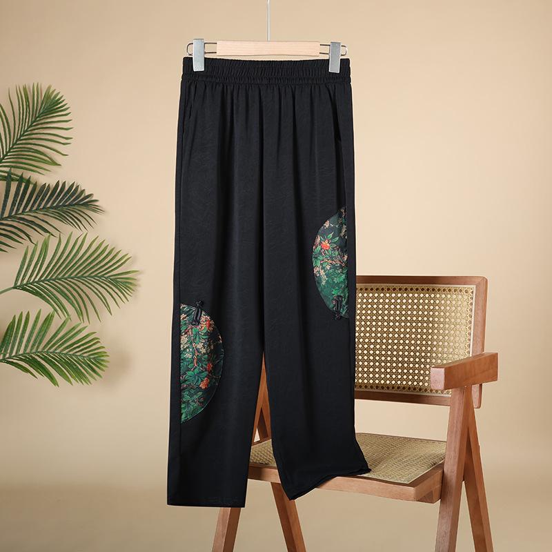

Летние брюки прямого кроя с вышивкой в китайском стиле от бабушки - Свободная повседневная одежда для женщин среднего и пожилого возраста 2XL (90-113 jin) чёрный/цветочный
