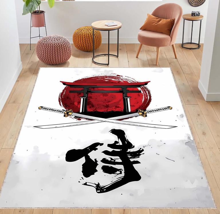 Japanese Samurai Woman Rug, Red Sun Martial Arts Carpet, Katana Warrior Living Room Runner Carpet