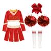 Cheerleading-Wettkampf-Set für Mädchen, langärmelig, bauchfreies Top, Faltenrock, Schleife, Stirnband, Kniestrümpfe, Pompom-Zubehör