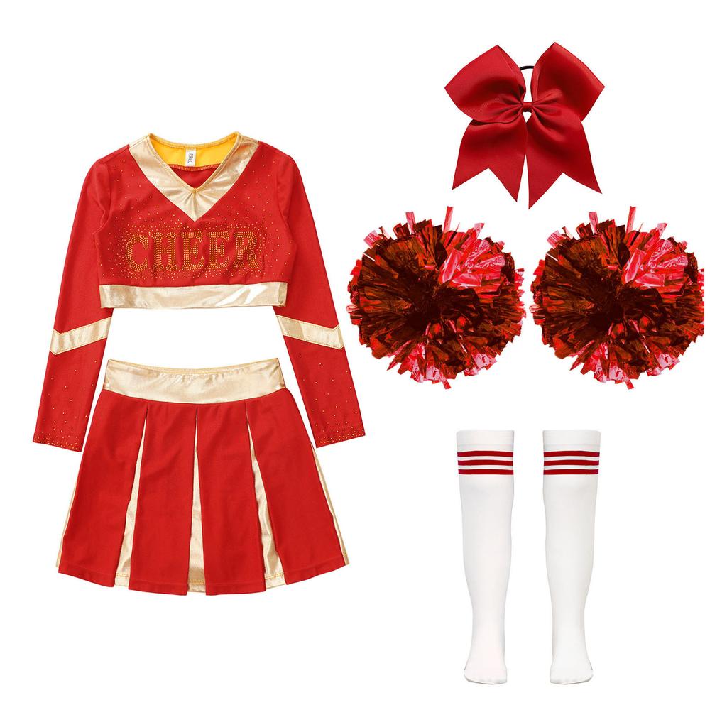 Cheerleading-Wettkampf-Set für Mädchen, langärmelig, bauchfreies Top, Faltenrock, Schleife, Stirnband, Kniestrümpfe, Pompom-Zubehör