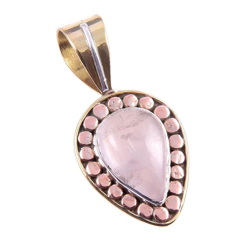 Natural Rose Quartz 925 Solid Sterling Silver Jewelry TwoTone Pendant 1.25" V5B39