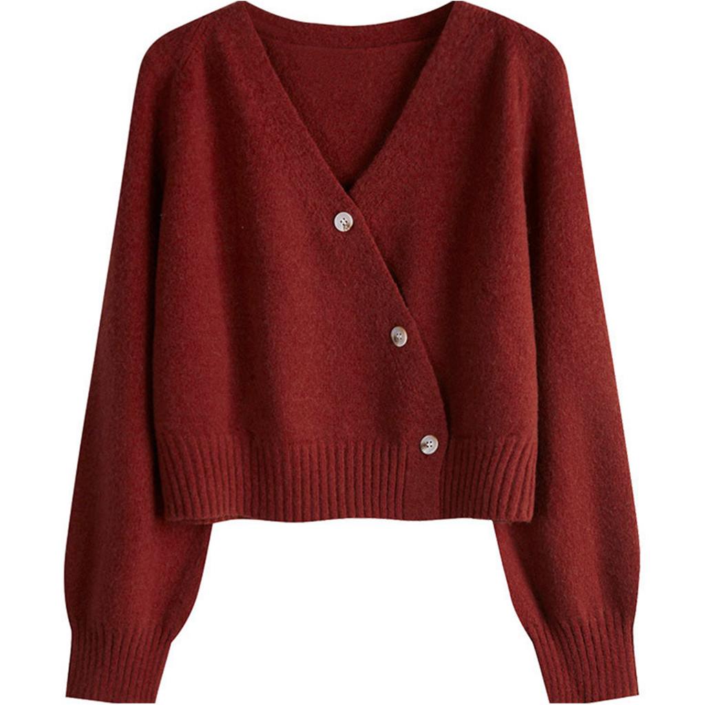 Women's Solid Color V-neck  Breasted Short Loose Cardigan Sweater Jacket
