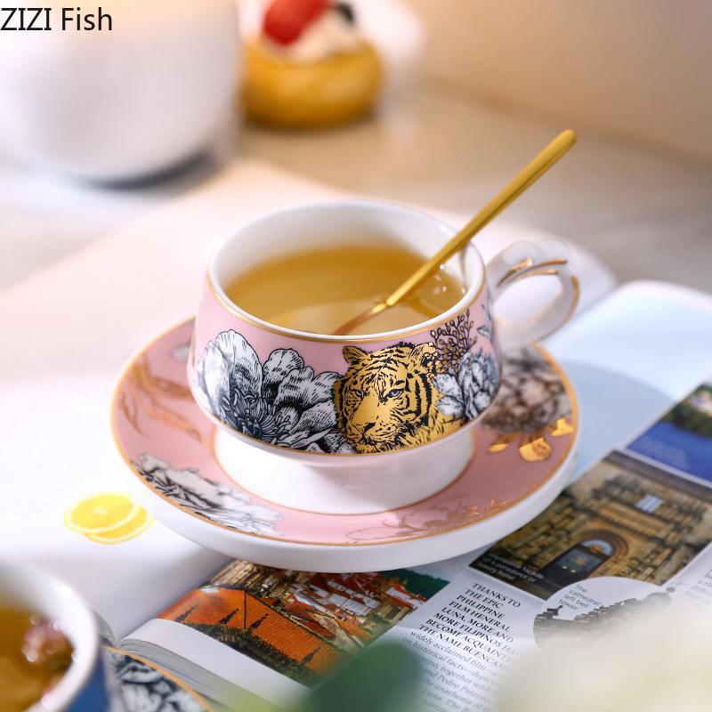 Fierce Tiger Pattern Porcelain Cup&saucer Exquisite Coffee Mug Dining Table Milk Mugs Afternoon Tea Teacup Fruits Juice Cup
