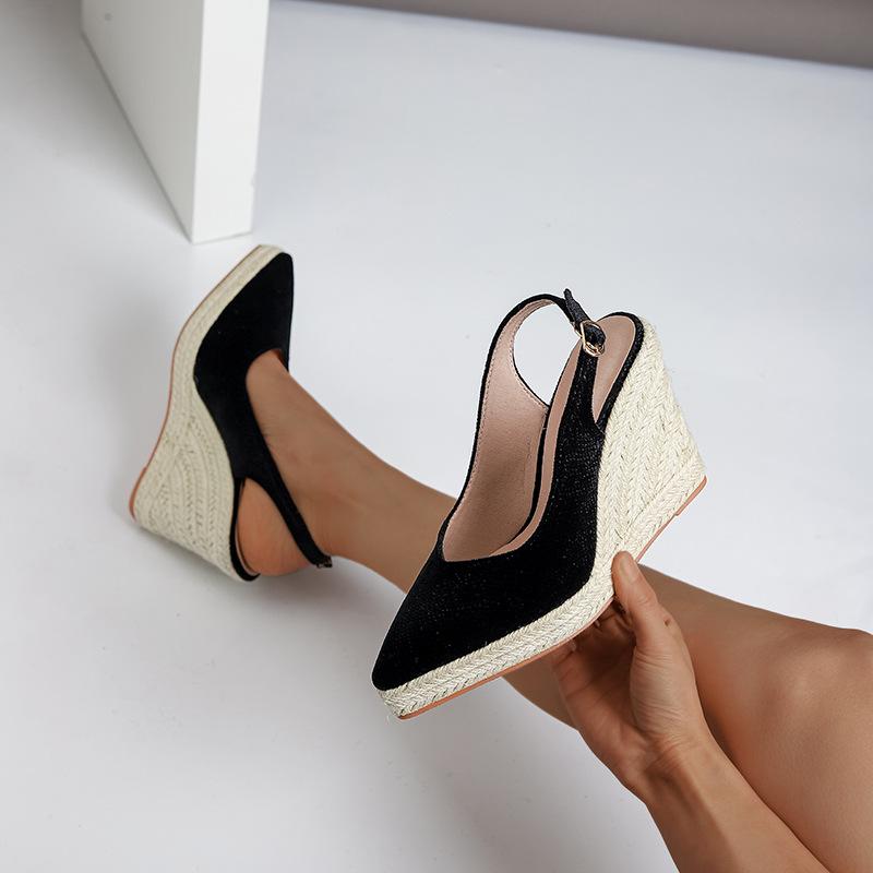 Fashion FHC 2024 New Straw Wedges High Heels,Women Platform Pumps,Hemp Summer Shoes,Back Buckle Strap,Size 35-42,Black,Purple,Dropship