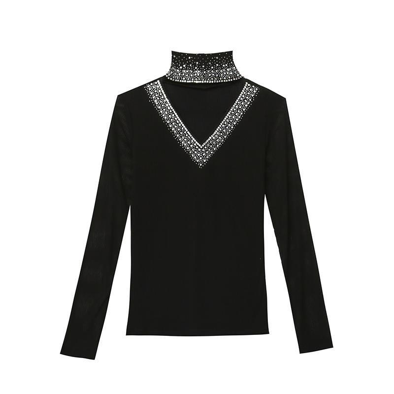 2024 European Autumn/Winter Rhinestone Cutout High Neck Slim Long Sleeve Shirt