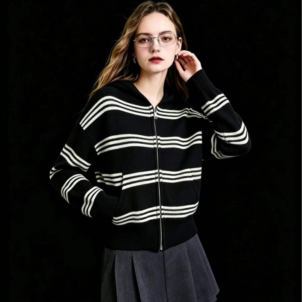 Retro Color Block Hooded Knit Cardigan with Pockets - Zipper Casual Sweater for Women