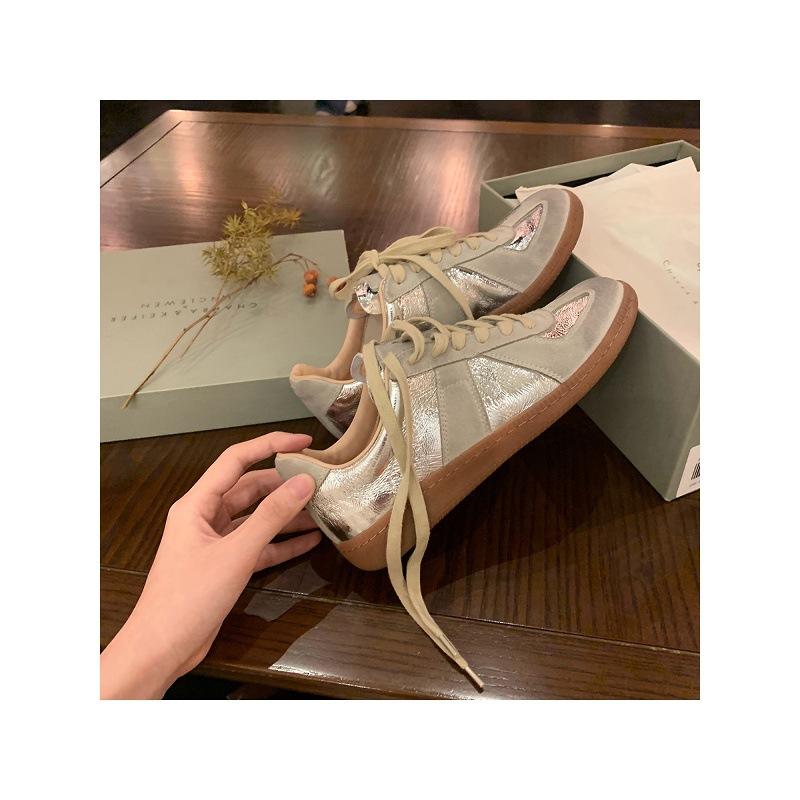 Cowhide version silver German training shoes women's Korean version leather color matching casual sports shoes versatile board shoes 
