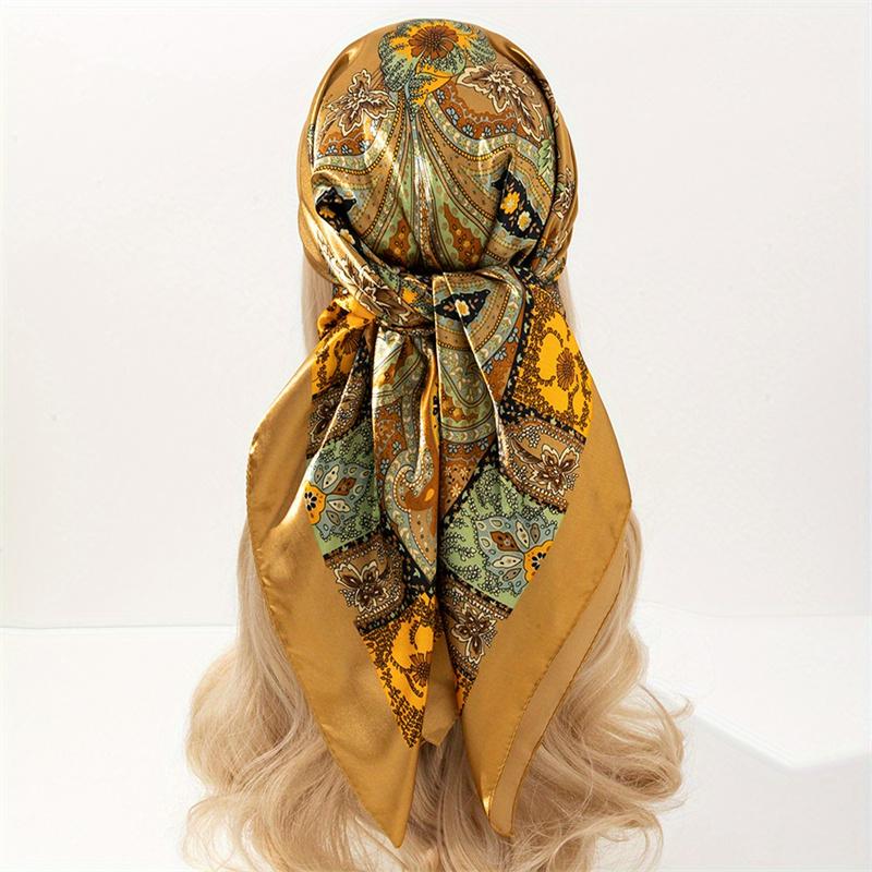 Satin Square Scarf Women Muslim Hijab Elegant  Print Silk Neckerchief Shawl Wraps Headband Handle Hair Accessories Bandana