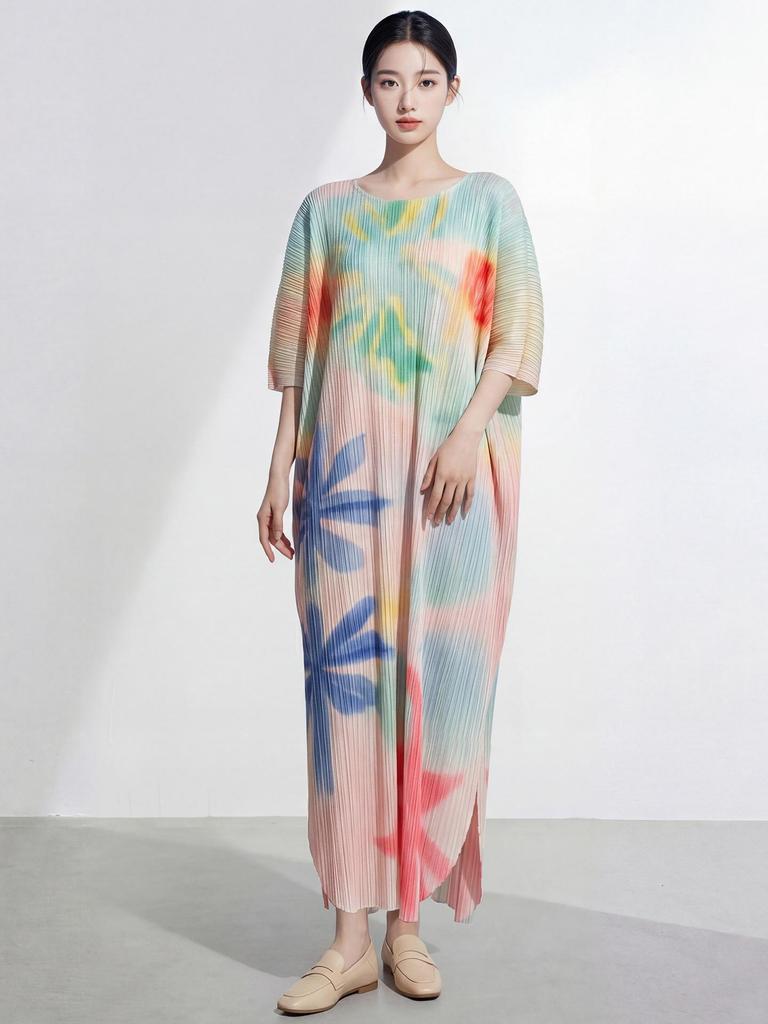 Miyake Women's Summer Long Dress: High-End, Loose, Plus Size, Printed Batwing Sleeve, Elegant Skirt.