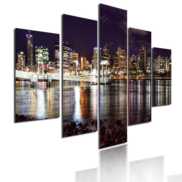5 Pieces Modular Picture Bustling Cityscape Poster HD Printed Wall Art Modern Metropolis Skyscrapers Canvas Painting Home Decor