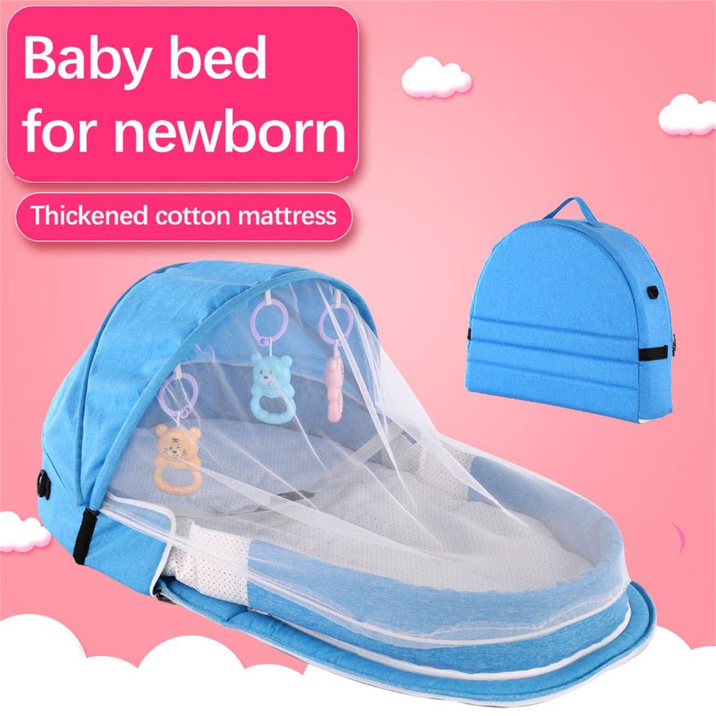 Portable Foldable Baby Bed with Mosquito Net and Hanging Toys for Newborns Travel Bassinet Breathable Crib Mattress for Indoor Outdoor Use