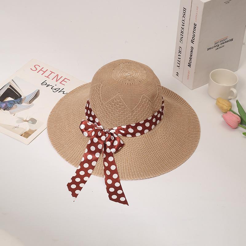 Summer new hat women's polka dot bow streamer straw hat travel beach hat big edge sun hat