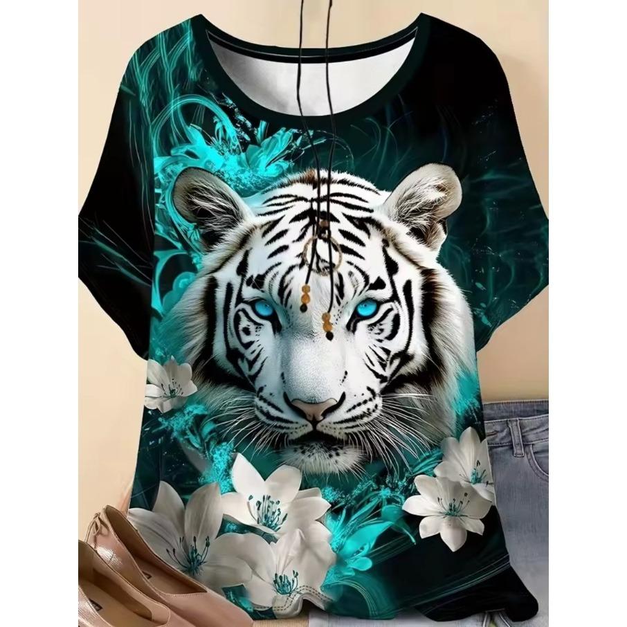 XL-7XL Plus Size Women's Men Tiger Casual 3D Print Loose Round Neck Short Sleeved T-shirt Top