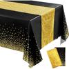 Black and Gold Tablecloth and Sequin Table Runner Set Polka Dots Confetti Table Cover Dining Plastic Tablecloths Glitter Decorations