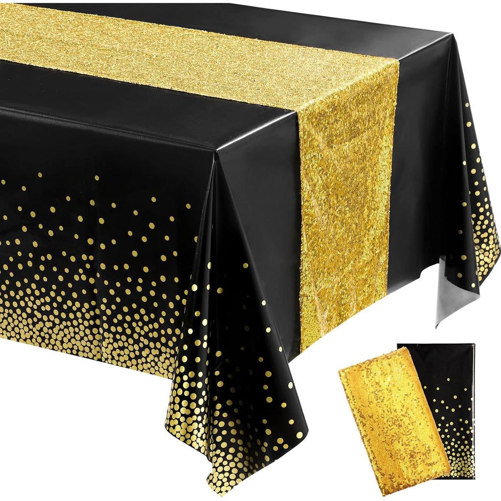 Black and Gold Tablecloth and Sequin Table Runner Set Polka Dots Confetti Table Cover Dining Plastic Tablecloths Glitter Decorations