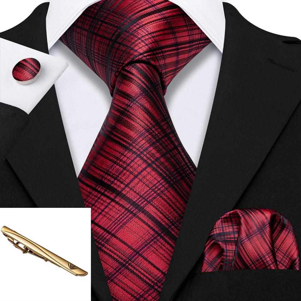 Barry.Wang Men Plaid Check Ties with Tie Bar Silk Necktie Hanky Cufflinks Gold Tie Clip Set