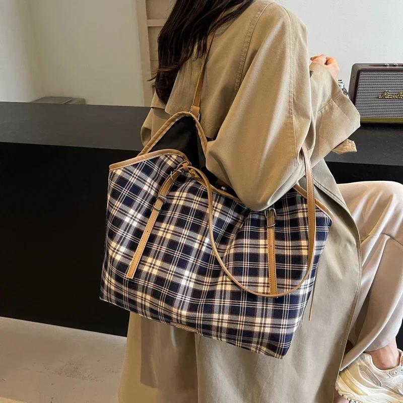 Uformell rutete lerretsveske for kvinner allsidig skulderveske stor kapasitet ny mote