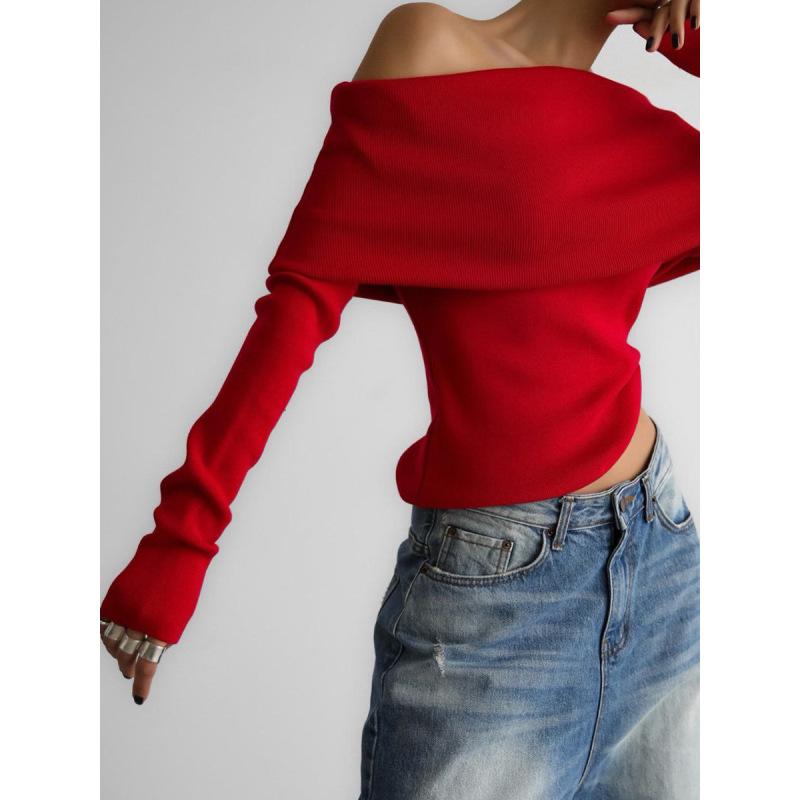 Tooxika Women's Autumn And Winter Long-sleeved Knitted Bottoming Shirt One Shoulder Sexy Slim Shoulder Top