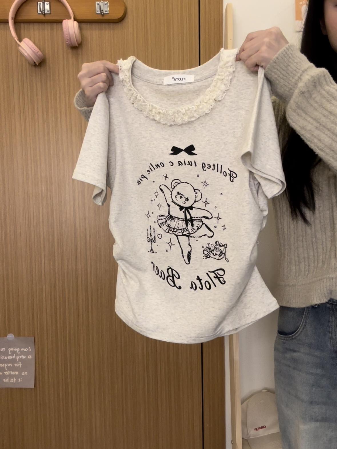 

Балетный мишка кружевное плечо женская приталенная футболка с коротким рукавом - Новая летняя коллекция L белый/серый