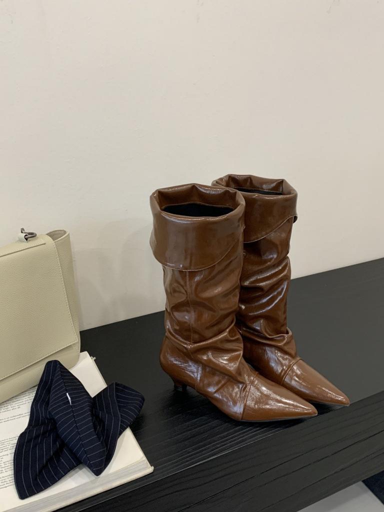 European and American Spice Girls Style Patent Leather Pointed Pleated Pile Boots Women's 2025 Autumn and Winter New Trendy Two Wear Low Heel High B