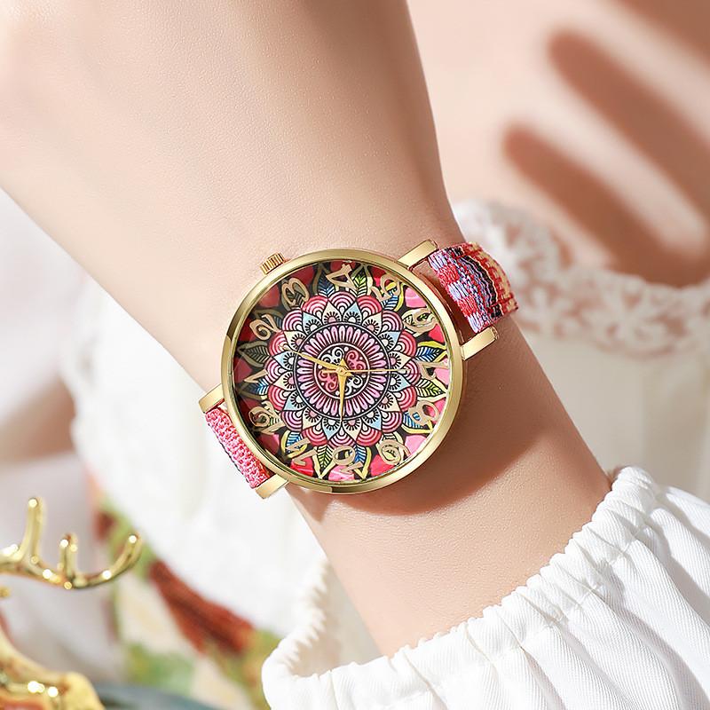 Vintage Ethnic Style Womens Quartz Watch With Colorful Canvas Strap For Casual Fashion And Gift