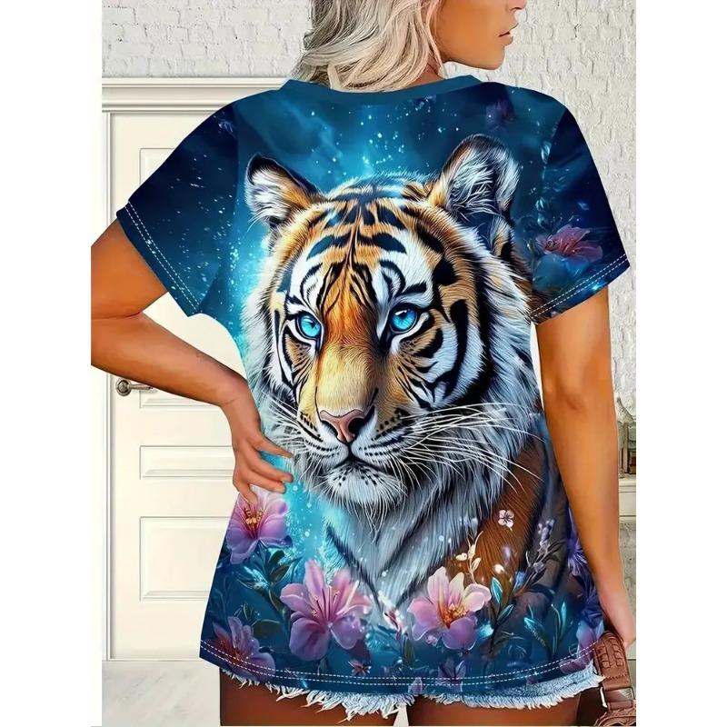 3D Printed Women's Round Neck Tiger Pattern T-shirt Multifunctional Summer Fresh Women's Version T-shirt Breathable Machine Wash Outdoor Top