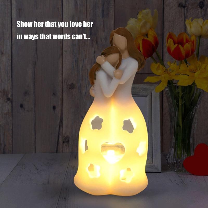 Mother and Daughter Resins Figurine Heartwarmings Gift with Flickering LED Candle for Mother Day or Christmas Birthday