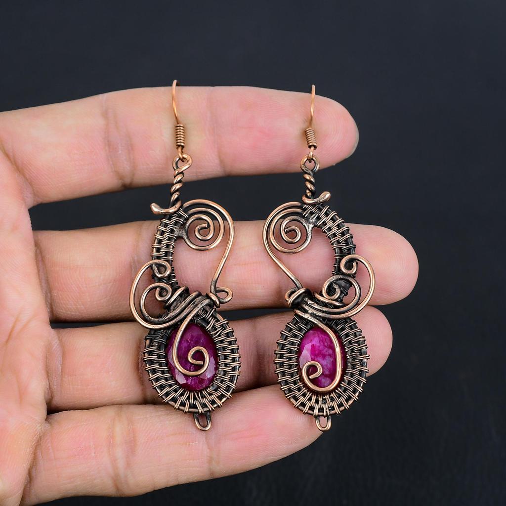 Ruby Earrings, 999 Copper Wire Wrapped Gemstone Jewelry, Handmade Earrings Amazing Jewelry, Gift For Her