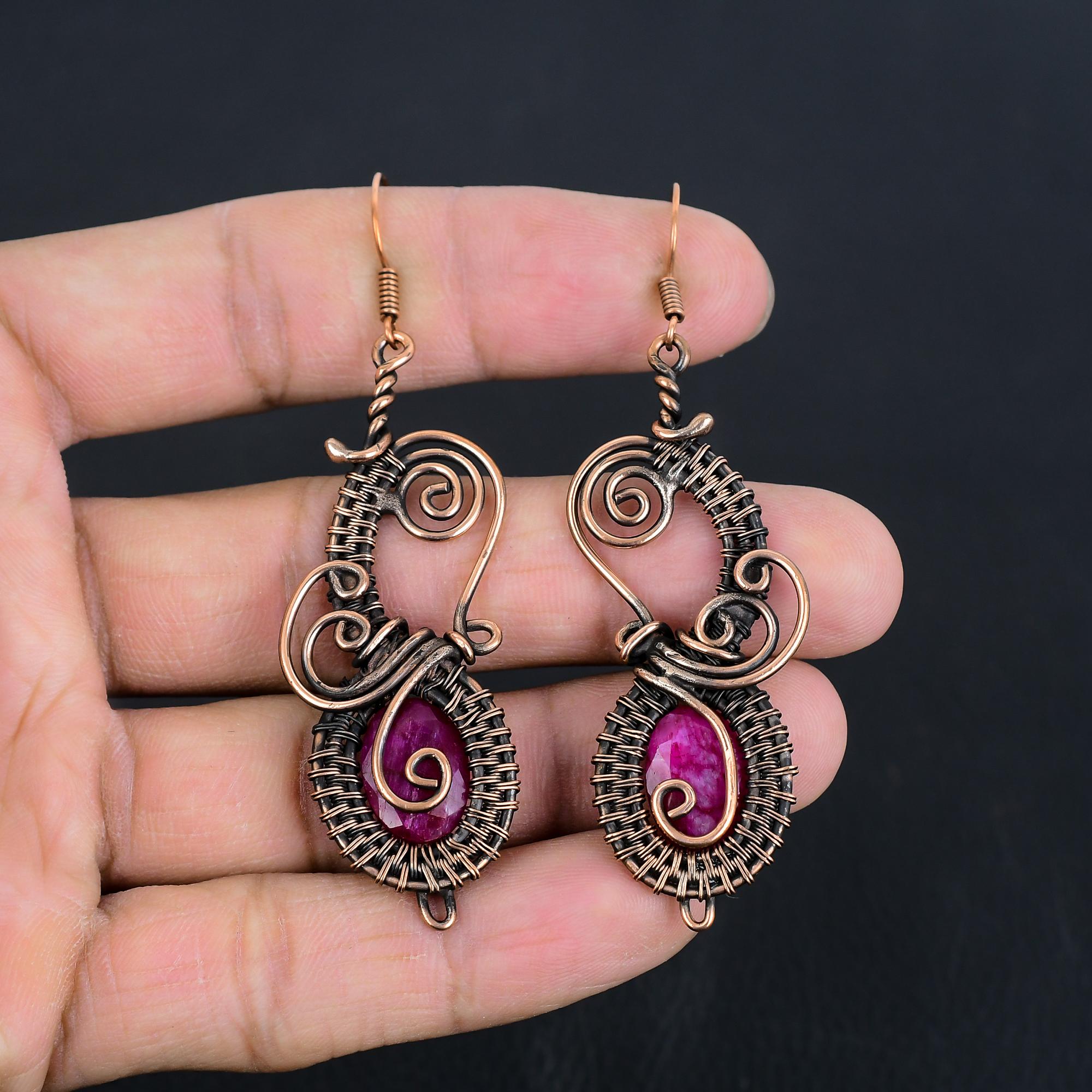 

Ruby Earrings, 999 Copper Wire Wrapped Gemstone Jewelry, Handmade Earrings Amazing Jewelry, Gift For Her 3.07 Inches