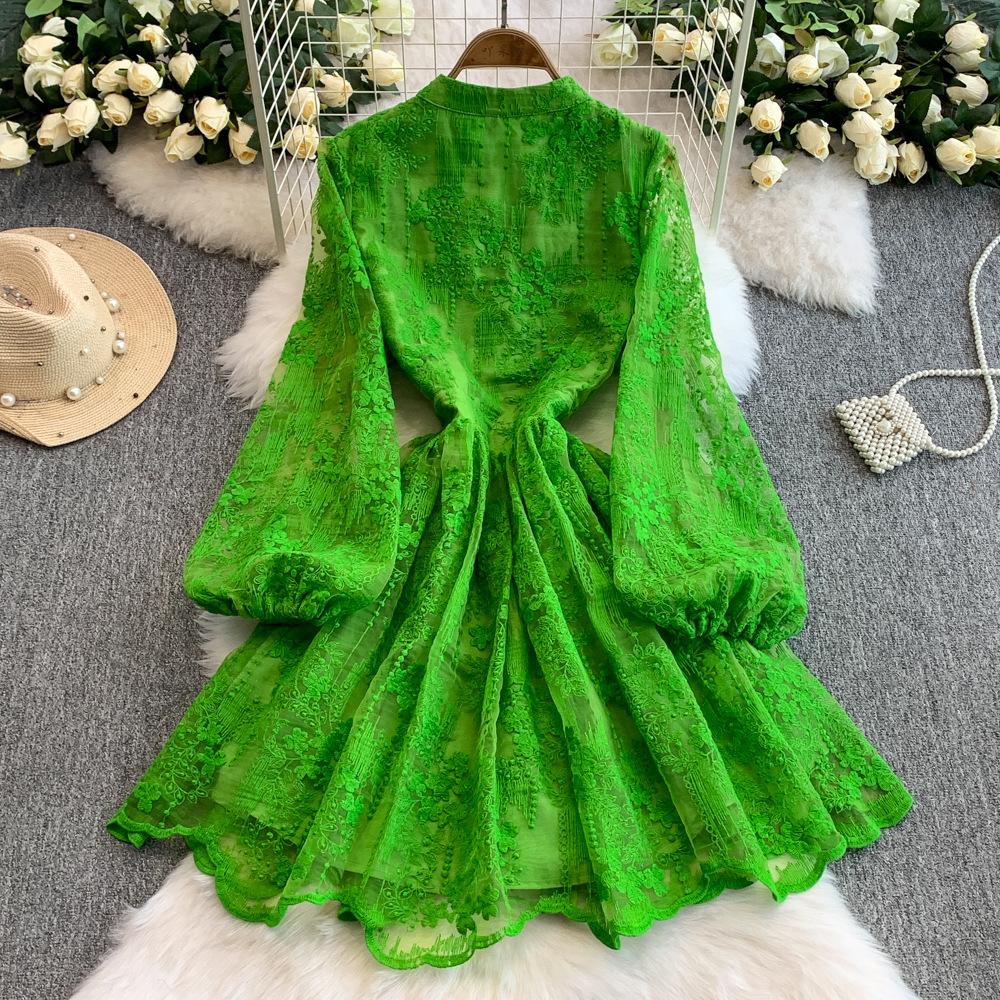 Abito Elegante Versatile a Linea A con Scollo a V, Maniche a Lanterna, Ricami alla Moda, Stile Vintage, per Estate e Autunno 2025