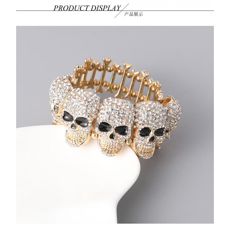 Punk Skull Rhinestone Bracelet Gold Tone Bone Chain Cuff Halloween Hip Hop Unisex Fashion Accessory