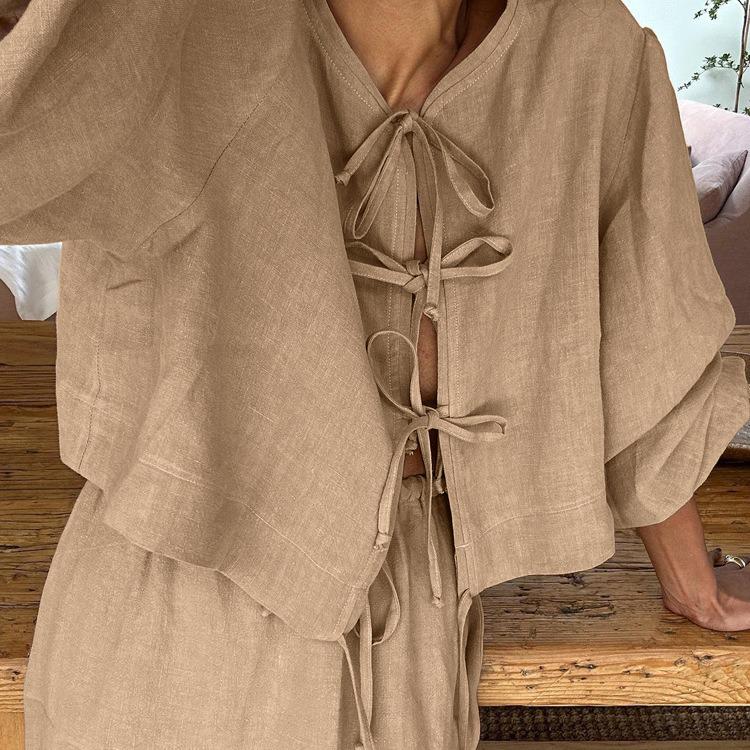 Retro European & American Women's Lace-Up Shirt and Skirt Set - Long-Sleeve Casual Suit, 2025 Summer Collection