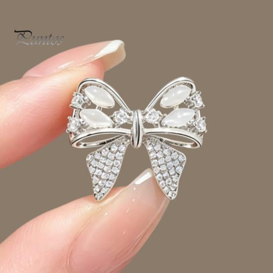 Bowknot Lapel Pin Rhinestone Bow Brooch, Cat Eye Stone Pin, Sweater Dress Embellishment Cardigan Coat Suits Clothing Accessories, Jewelry Gift