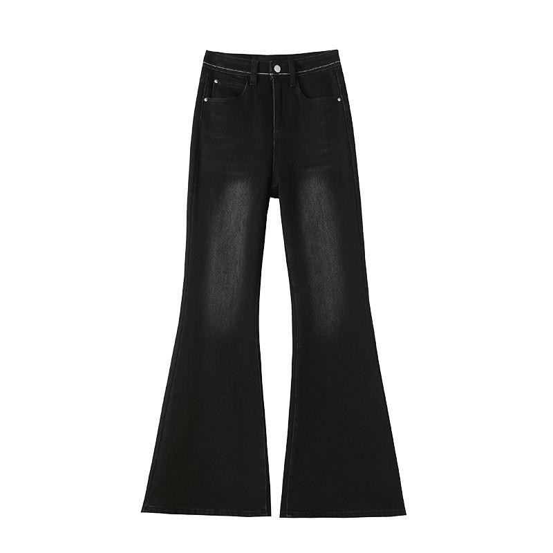 Vintage Black-Gray High-Waisted Micro-Flare Denim Slimming Pants - Women's Autumn/Winter Style