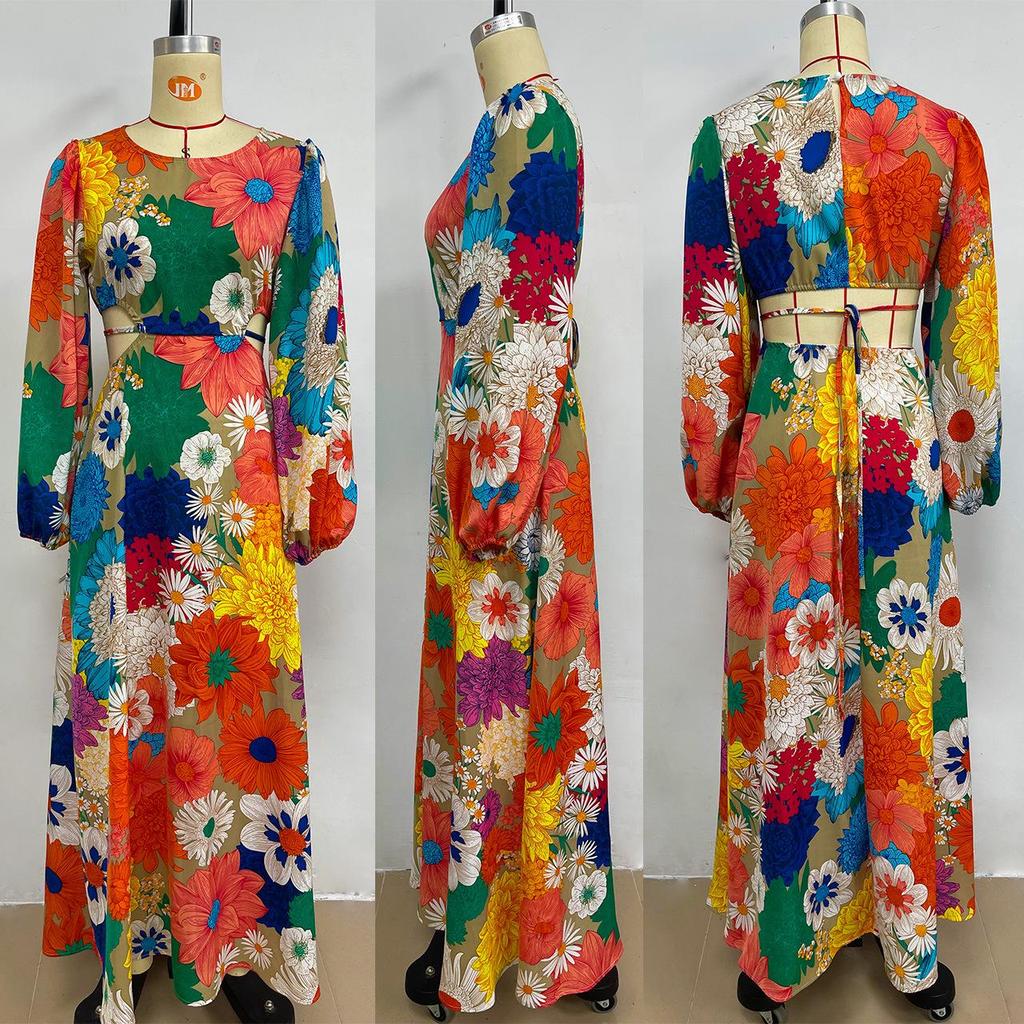 25th Anniversary European & American Autumn/Winter Fashion: Round Neck Lantern Sleeve Dress with Waist-Gathering Print