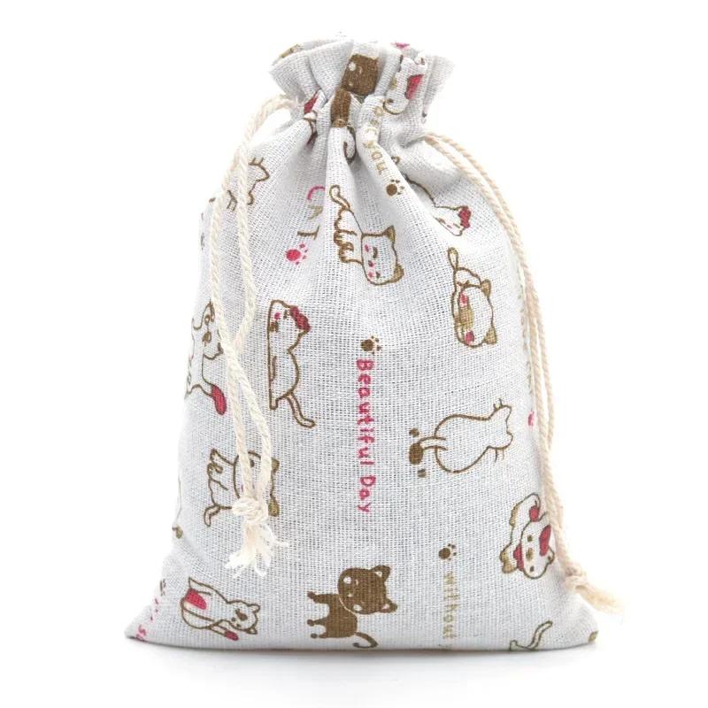 10pc Drawstring Cotton Linen Print Organizer 10x14/13x18cm Women Jewelry Cosmetics Cloth Bag Christmas Gift Bag Party Decoration