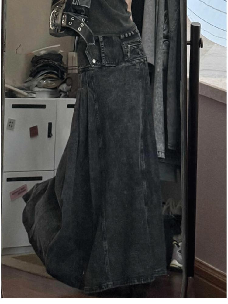 Damen A-Linien-Denim-Faltenrock Vintage 90er Jahre Ästhetik Y2k Langer Jeansrock Harajuku Koreanische Cowboyröcke Kleidung Sommer